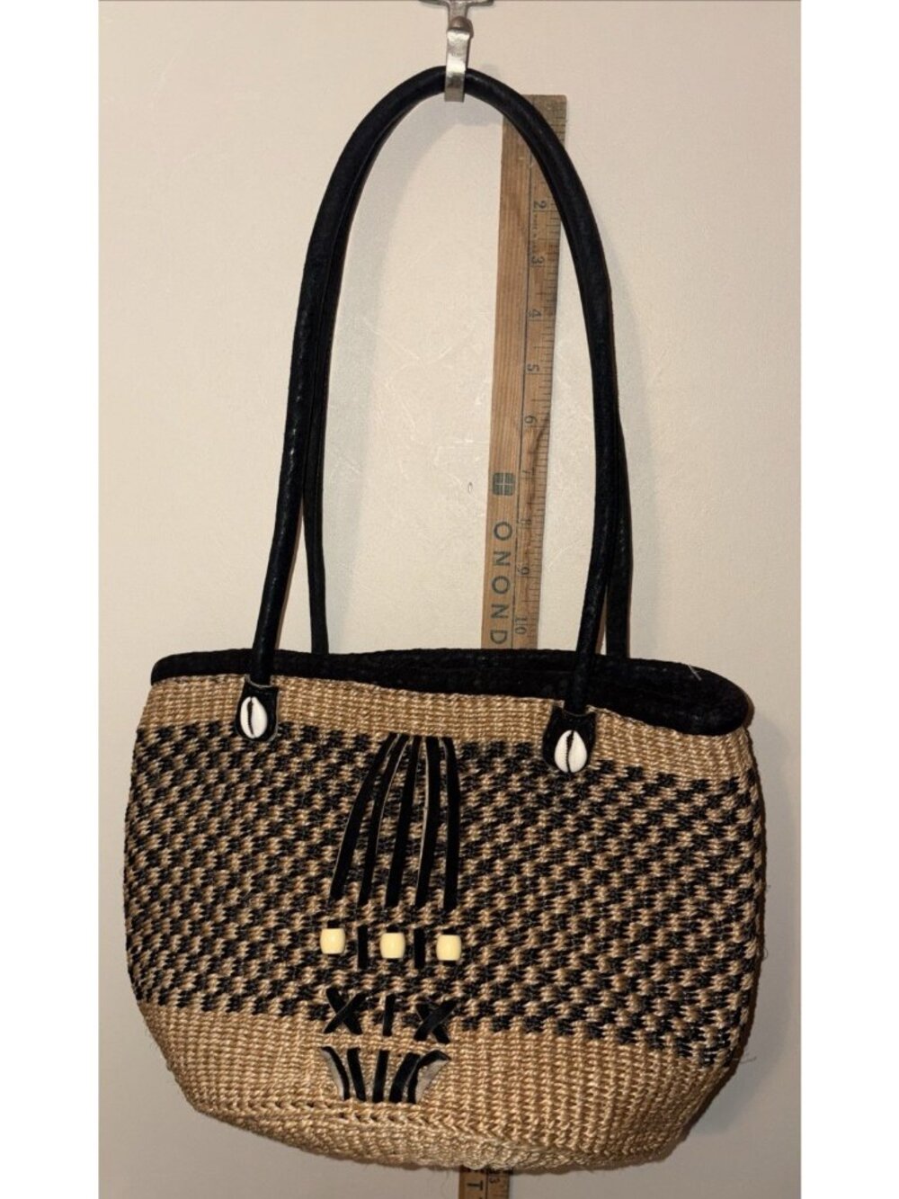 Specialty Woven Tote Bag Natural Black Straw Cowrie Shells